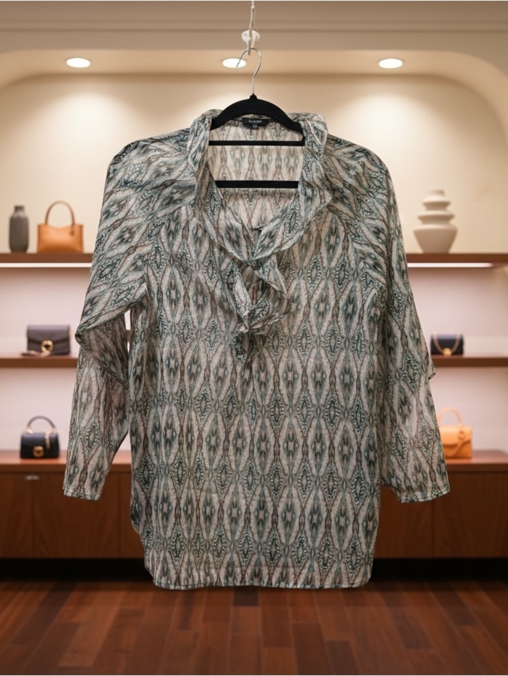 Massimo Dutti Ikat print tie neck sheer blouse boho teal beige sm